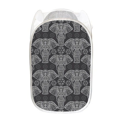 Black And White Boho Elephant Print Mesh Laundry Hamper