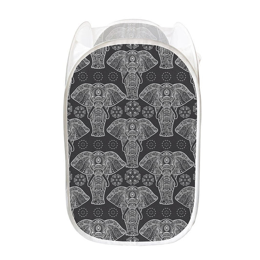 Black And White Boho Elephant Print Mesh Laundry Hamper