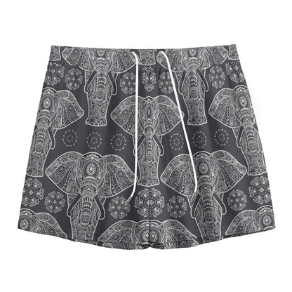 Black And White Boho Elephant Print Mesh Shorts