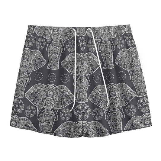 Black And White Boho Elephant Print Mesh Shorts