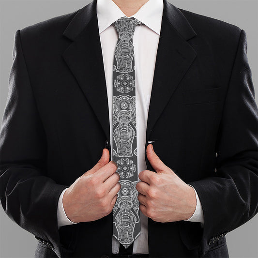 Black And White Boho Elephant Print Necktie