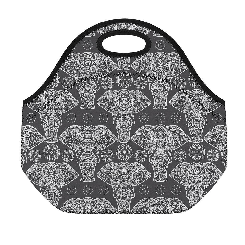 Black And White Boho Elephant Print Neoprene Lunch Bag