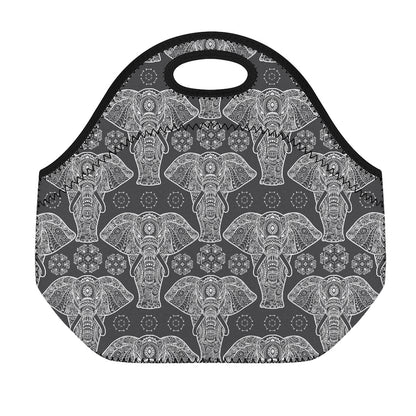 Black And White Boho Elephant Print Neoprene Lunch Bag