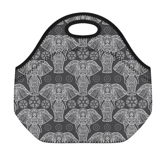 Black And White Boho Elephant Print Neoprene Lunch Bag