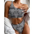 Black And White Boho Elephant Print One Shoulder Bikini Set