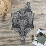 Black And White Boho Elephant Print One Shoulder Bodysuit