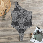 Black And White Boho Elephant Print One Shoulder Bodysuit
