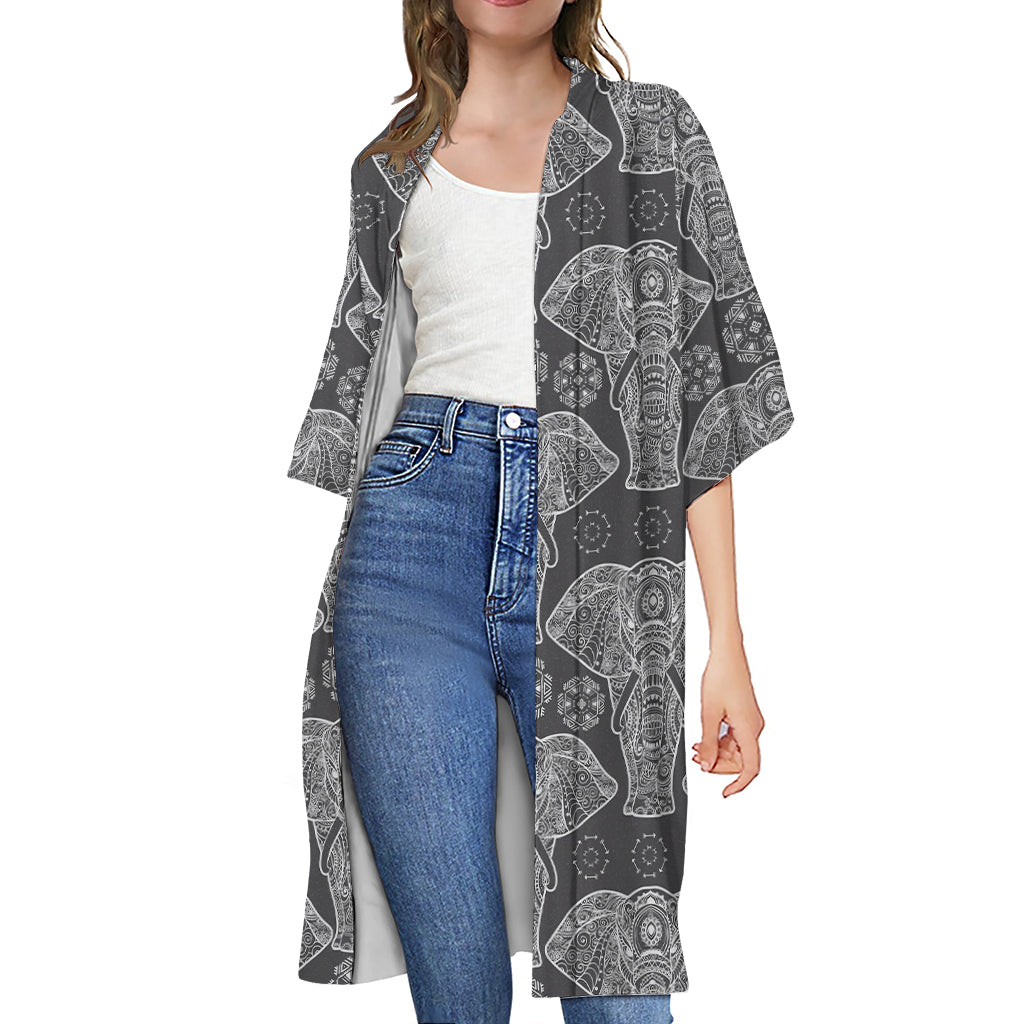Black And White Boho Elephant Print Open Front Beach Cover Up