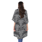 Black And White Boho Elephant Print Open Front Beach Cover Up