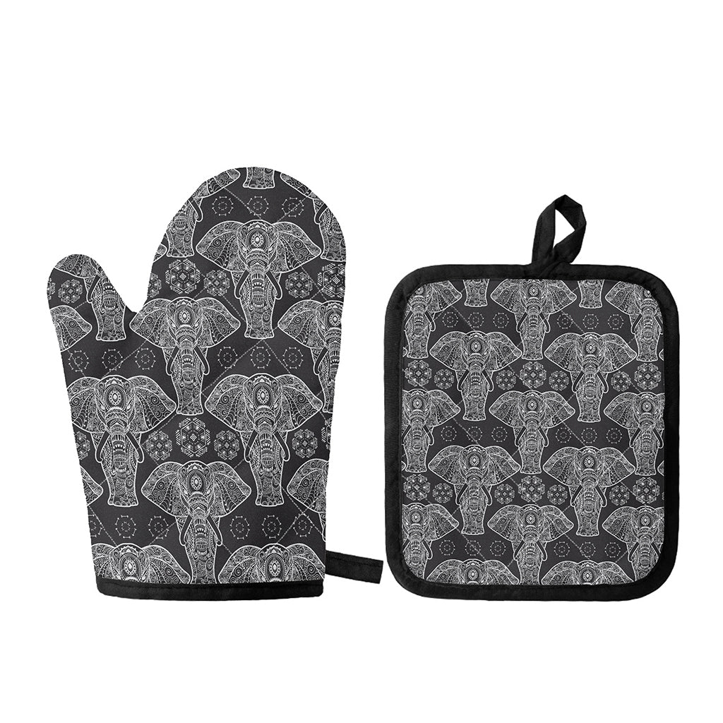Black And White Boho Elephant Print Oven Mitt And Pot Holder Set