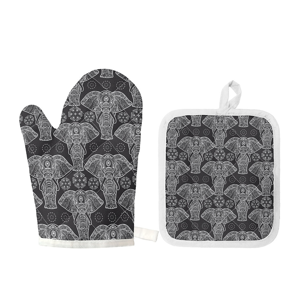Black And White Boho Elephant Print Oven Mitt And Pot Holder Set
