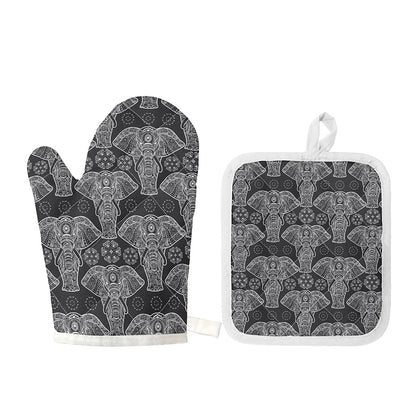 Black And White Boho Elephant Print Oven Mitt And Pot Holder Set