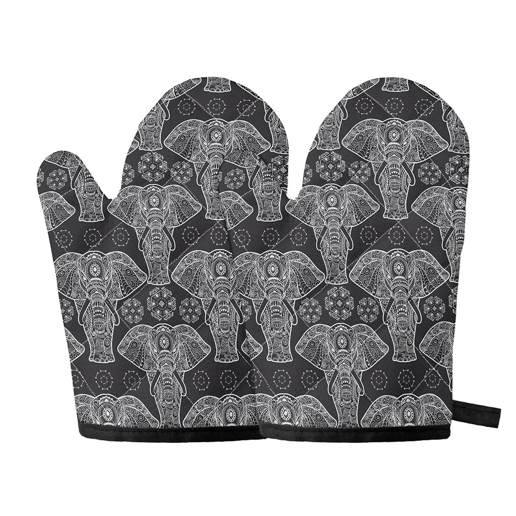 Black And White Boho Elephant Print Oven Mitts