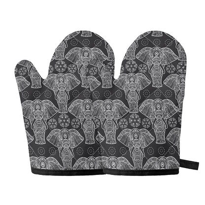 Black And White Boho Elephant Print Oven Mitts