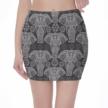 Black And White Boho Elephant Print Pencil Mini Skirt