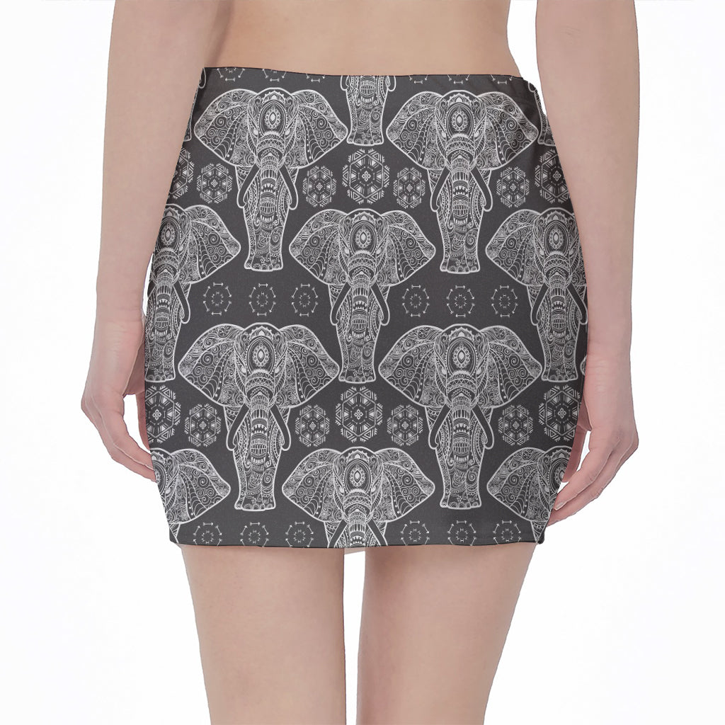 Black And White Boho Elephant Print Pencil Mini Skirt