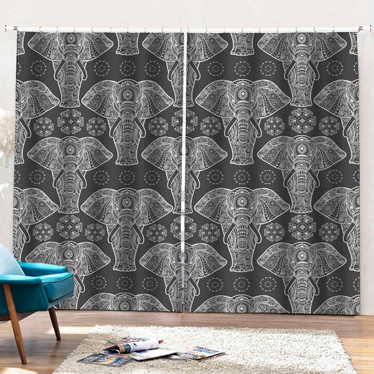 Black And White Boho Elephant Print Pencil Pleat Curtains