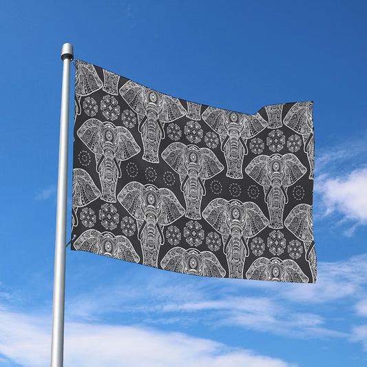 Black And White Boho Elephant Print Polyester Flag