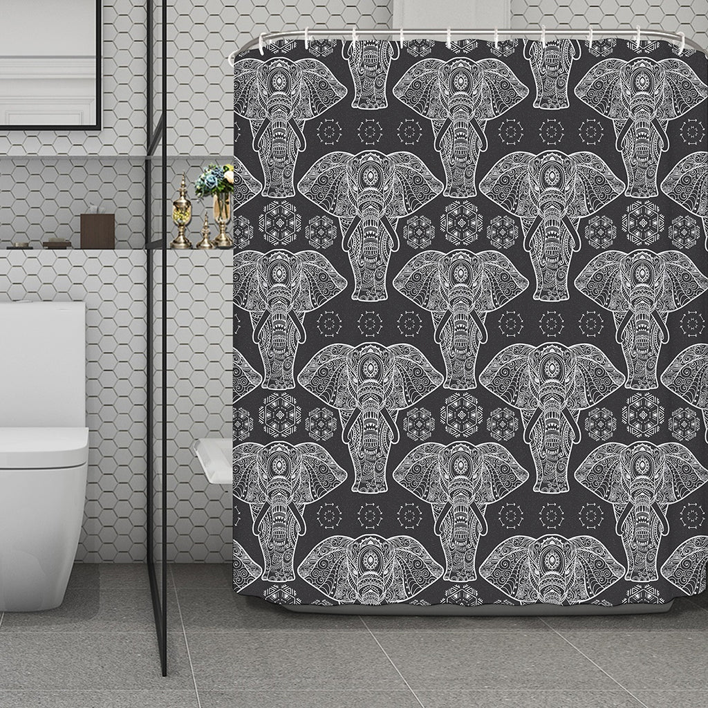 Black And White Boho Elephant Print Polyester Shower Curtain