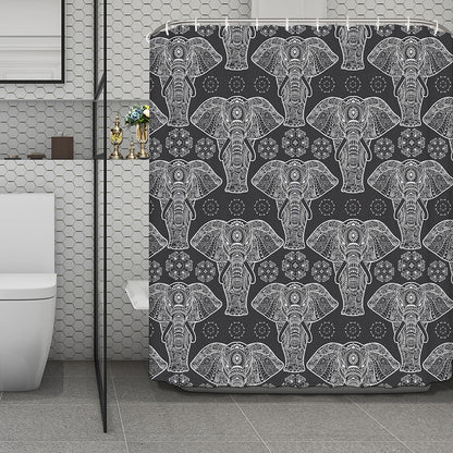 Black And White Boho Elephant Print Polyester Shower Curtain