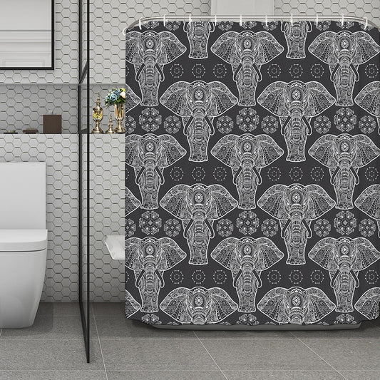 Black And White Boho Elephant Print Polyester Shower Curtain
