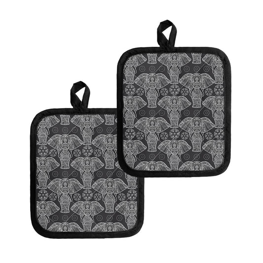 Black And White Boho Elephant Print Pot Holders