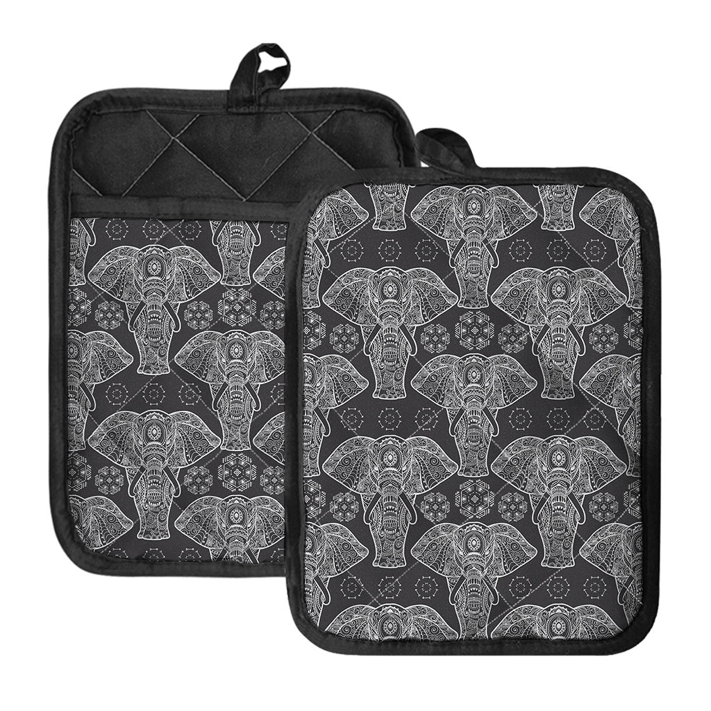 Black And White Boho Elephant Print Pot Holders With Pocket