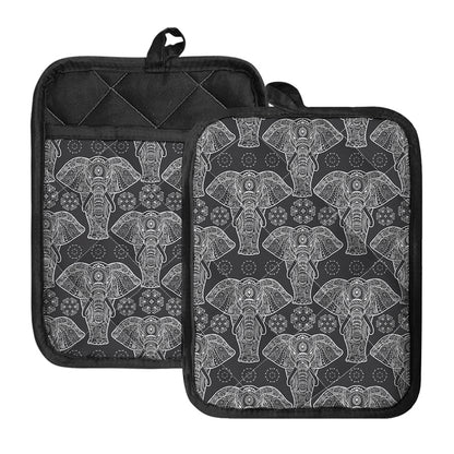 Black And White Boho Elephant Print Pot Holders With Pocket