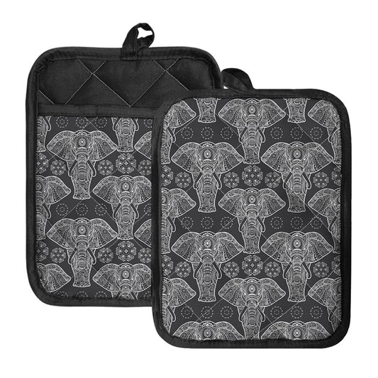 Black And White Boho Elephant Print Pot Holders With Pocket