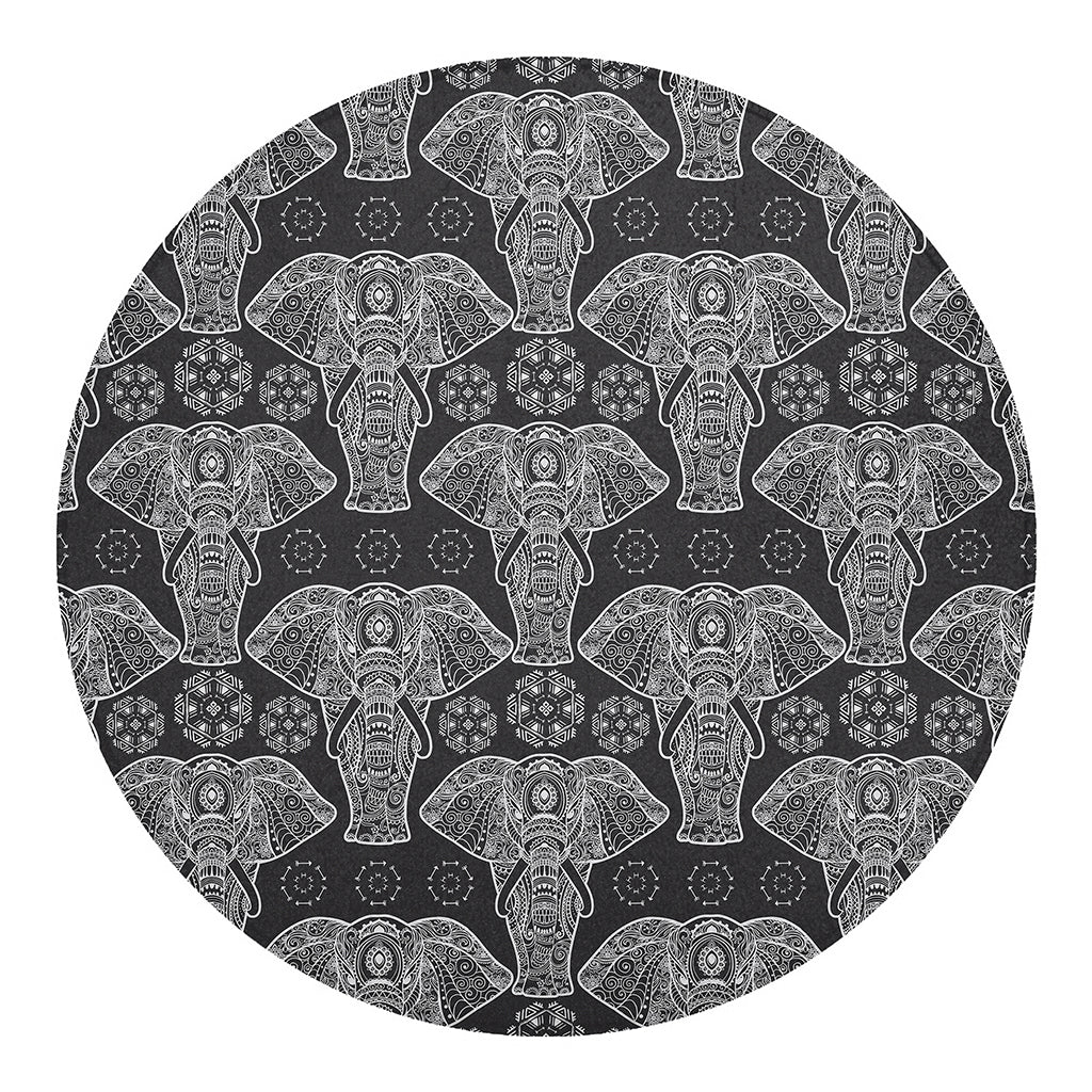 Black And White Boho Elephant Print Round Blanket