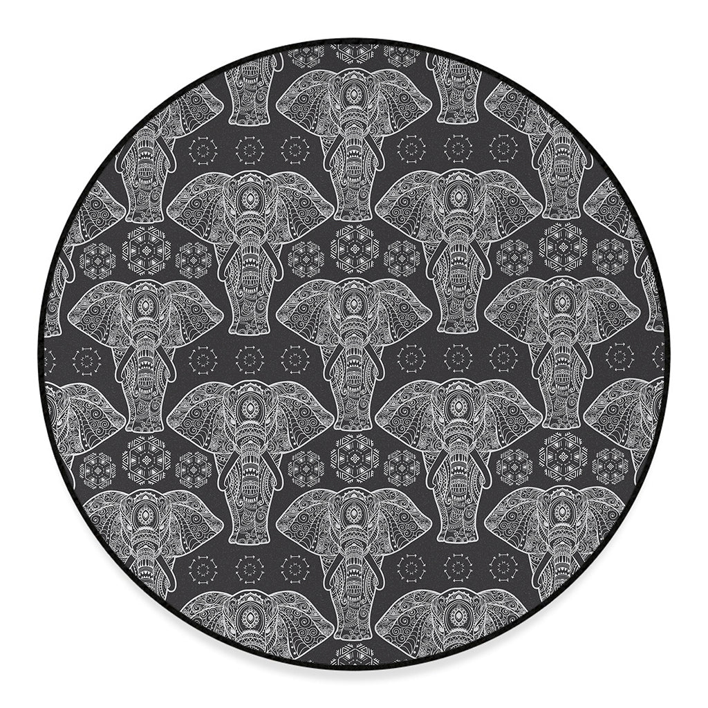 Black And White Boho Elephant Print Round Floor Mat