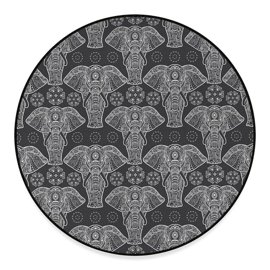Black And White Boho Elephant Print Round Floor Mat