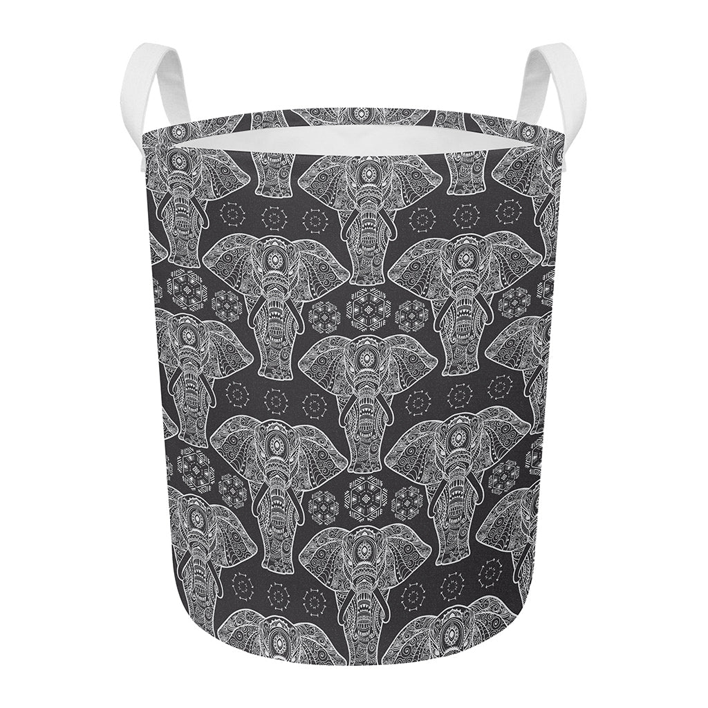 Black And White Boho Elephant Print Round Laundry Basket