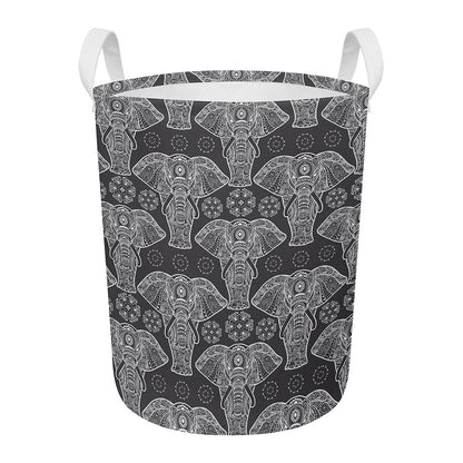 Black And White Boho Elephant Print Round Laundry Basket