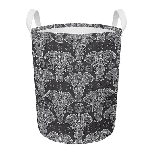 Black And White Boho Elephant Print Round Laundry Basket