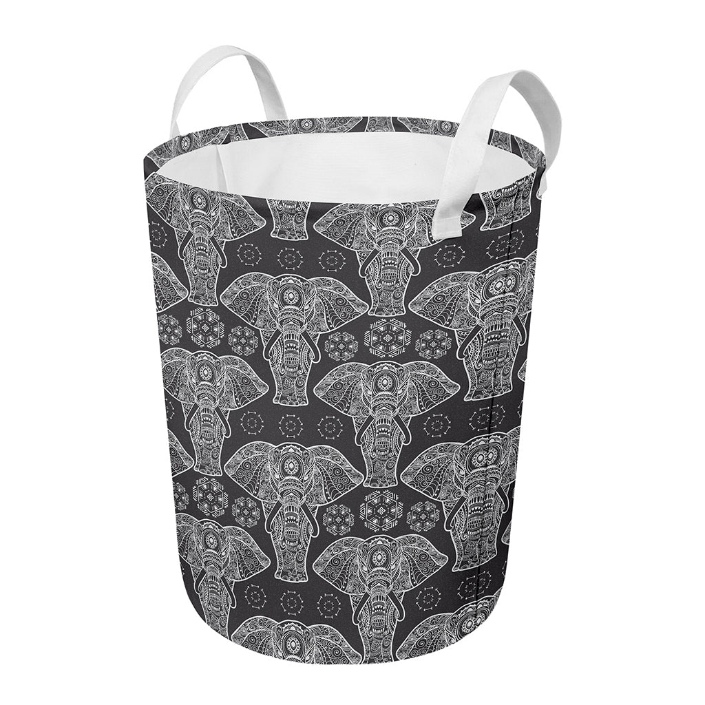 Black And White Boho Elephant Print Round Laundry Basket