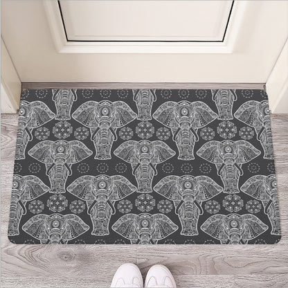 Black And White Boho Elephant Print Rubber Doormat