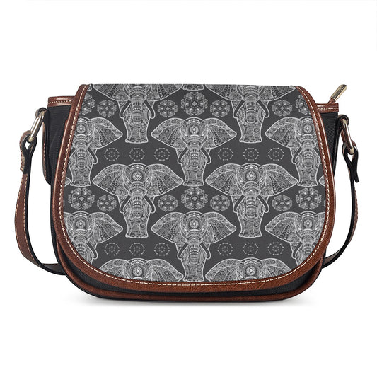 Black And White Boho Elephant Print Saddle Bag