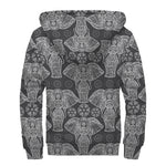 Black And White Boho Elephant Print Sherpa Lined Zip Up Hoodie