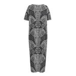 Black And White Boho Elephant Print Short Sleeve Long Nightdress