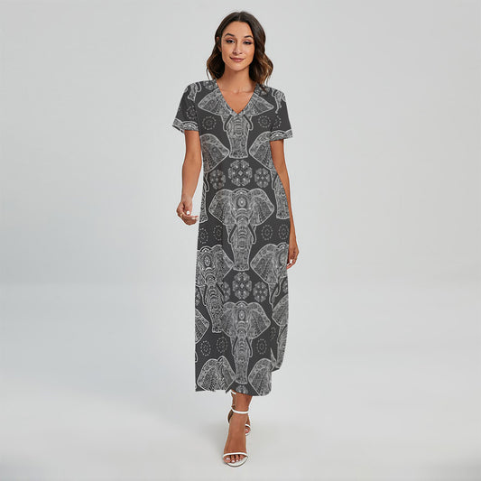 Black And White Boho Elephant Print Short Sleeve Maxi Dress