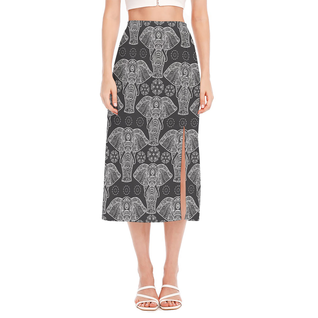 Black And White Boho Elephant Print Side Slit Midi Skirt