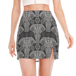 Black And White Boho Elephant Print Side Slit Mini Skirt