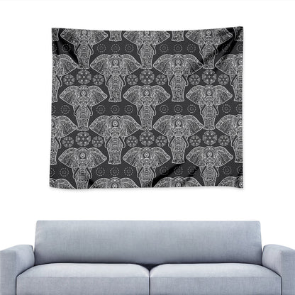 Black And White Boho Elephant Print Tapestry