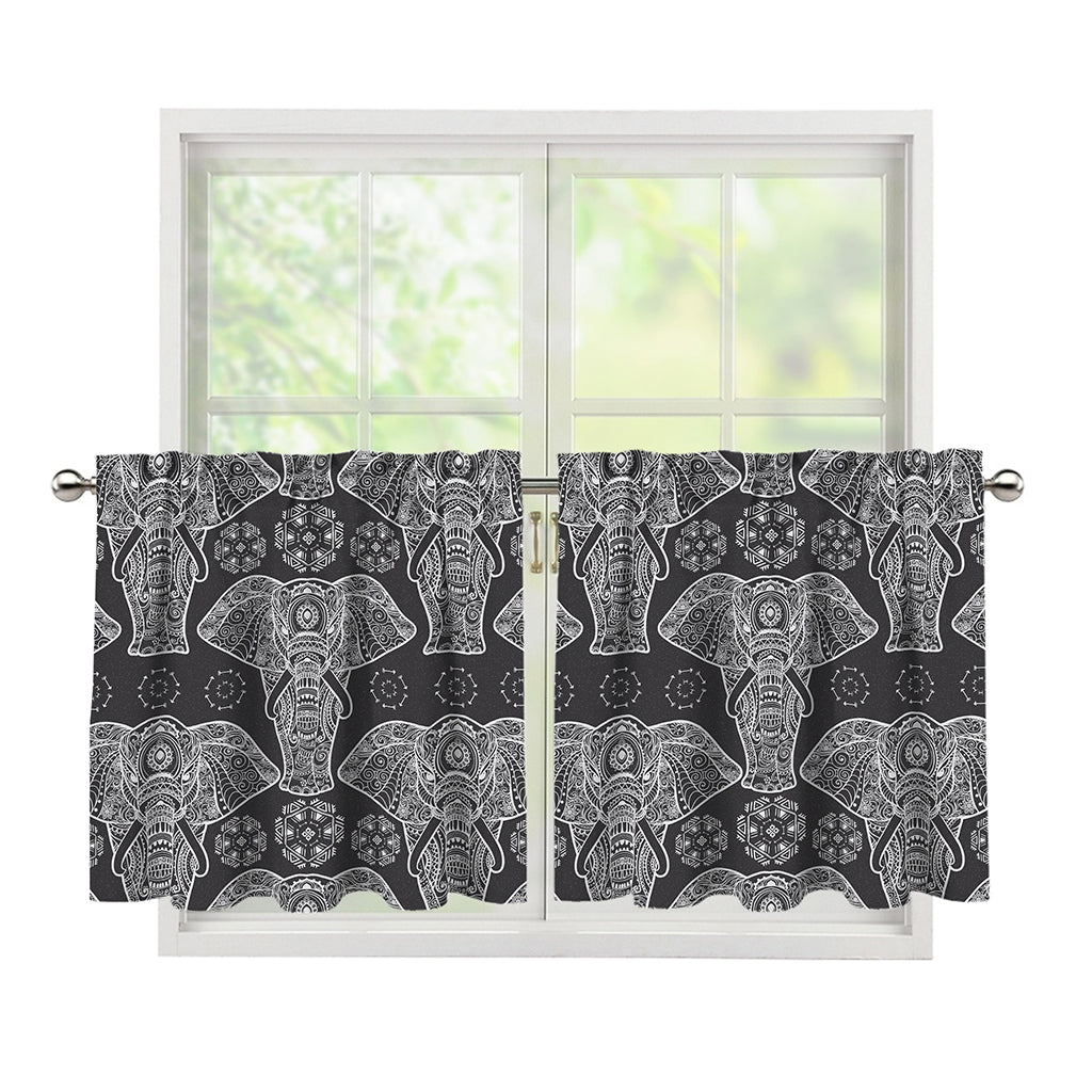 Black And White Boho Elephant Print Tier Curtains