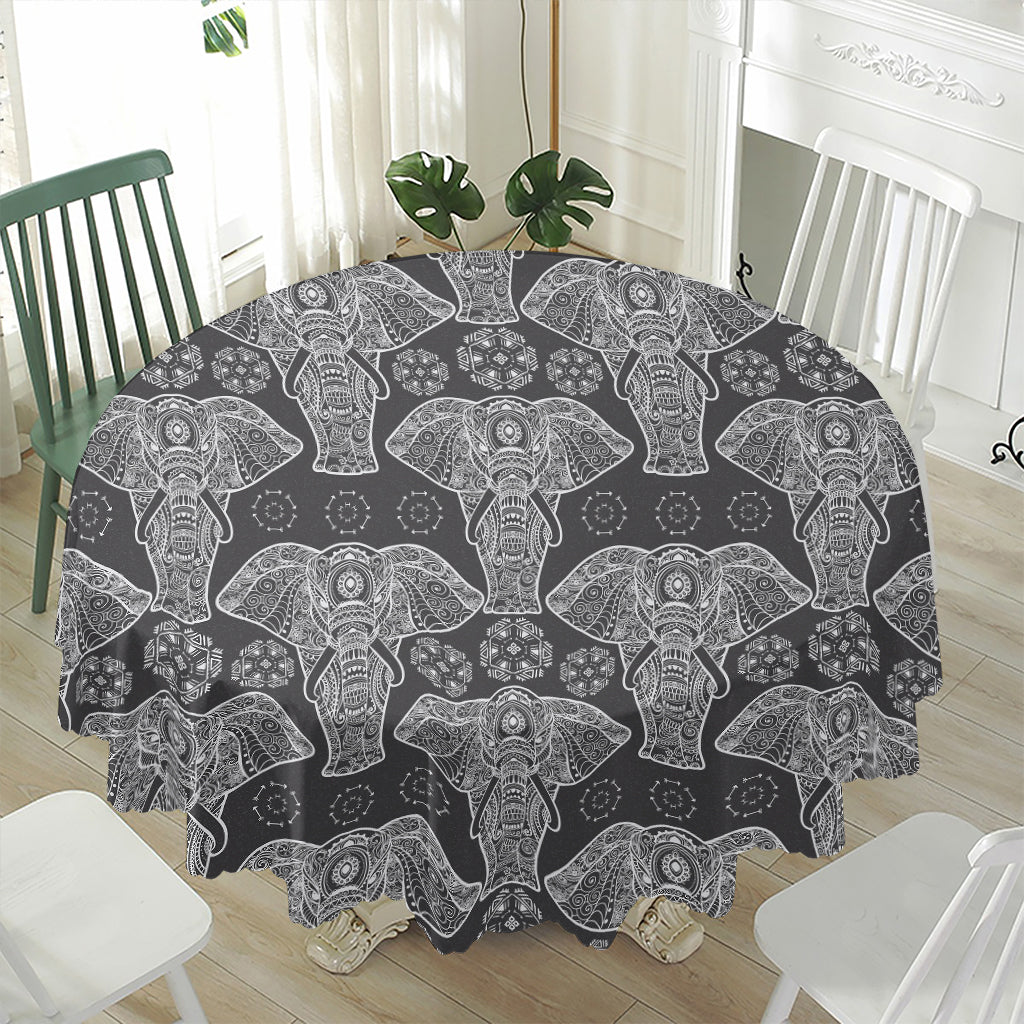 Black And White Boho Elephant Print Waterproof Round Tablecloth