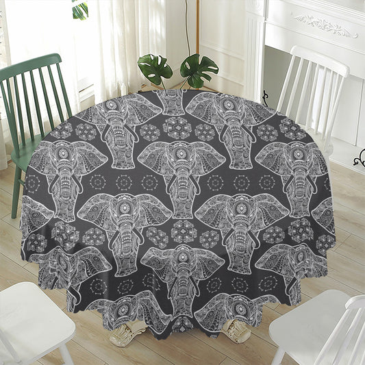 Black And White Boho Elephant Print Waterproof Round Tablecloth