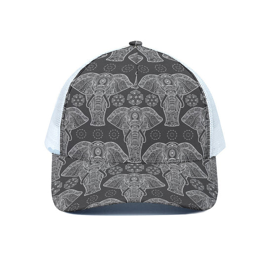 Black And White Boho Elephant Print White Mesh Trucker Cap