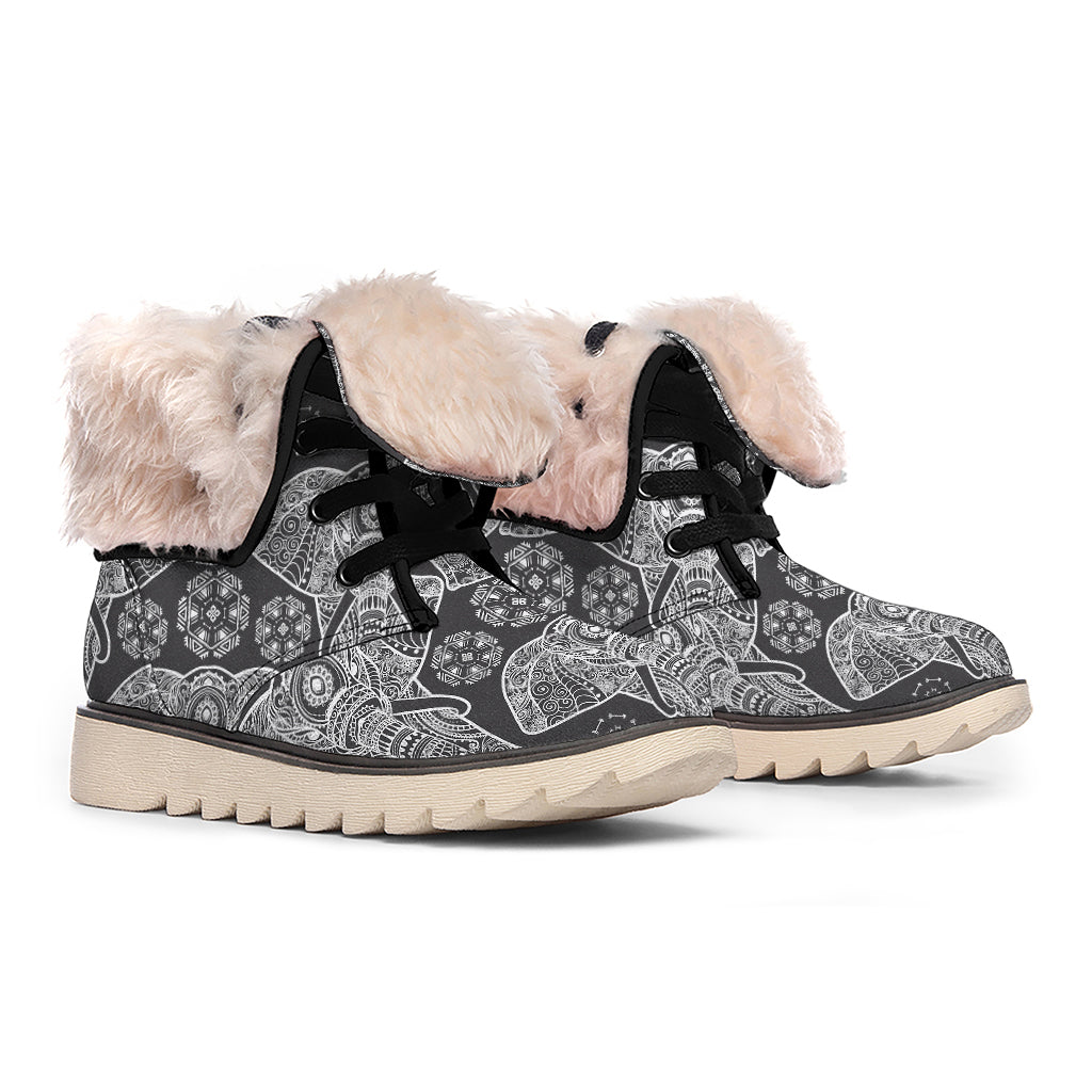 Black And White Boho Elephant Print Winter Boots
