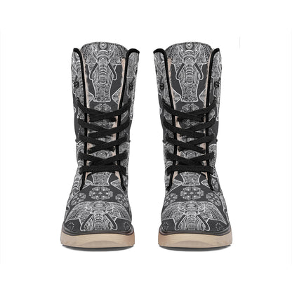 Black And White Boho Elephant Print Winter Boots
